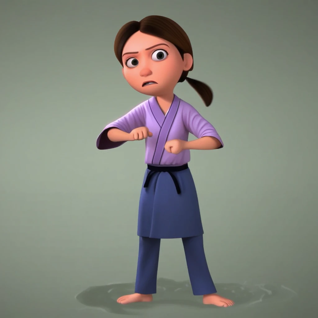 Solo, Pixar style , fists, young with ponytail, 1girl, pants , skirt, standing in shallow water, martial artists, stance