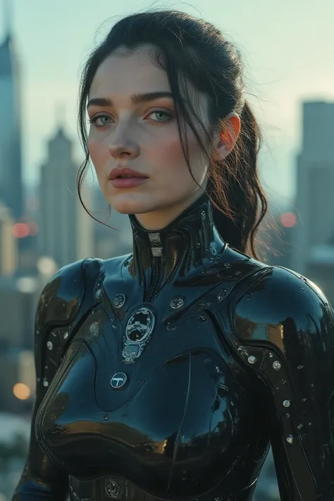 A striking portrait of a woman, bathed in soft even lighting, with a futuristic cityscape majestically unfolding behind her. She wears cybernetic robot attire, blending seamlessly into the cyberpunk world. Her face and eyes are intricately detailed, captur...