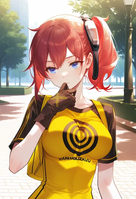 artist:gomzi,artist:wanke,artist:diyokama, rei_(sanbonzakura),[[artist:fuzichoco]],year 2023,
1girl, solo, aiba ami, blue eyes, red hair, side ponytail, goggles,
two-tone shirt, print shirt, yellow shirt, black sleeves, short sleeves, yellow bag, backpack,...