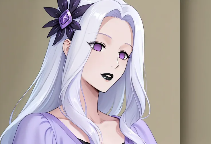 anime, empty eyes, hypnotized, lipstick, black lipstick, glossy lips, one female, adult, casual dress, long hair, white hair, purple eyes, hair decoration