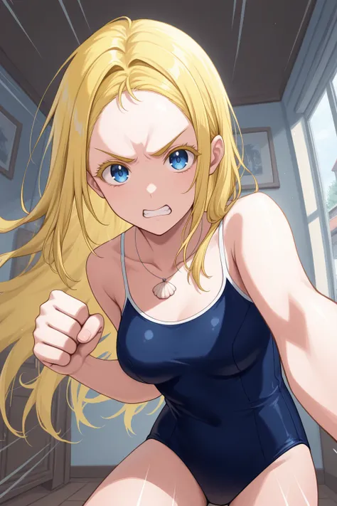 masterpiece, best quality, angry, looking at viewer, 1girl, usk0, medium breasts, blue eyes, blonde hair, forehead, colored eyelashes, long hair, shell necklace, blue one-piece swimsuit, uppercut, incoming punch, pov, foreshortening, dynamic pose, motion l...