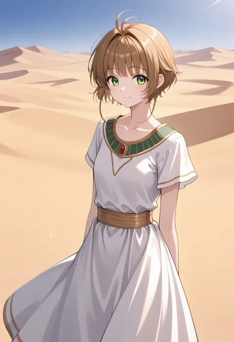 masterpiece, best quality, 
sakura_t, 1girl, solo, green eyes, brown hair, short hair, ahoge, antenna hair, dress, white dress, smile, desert clothes
outdoor, desert,