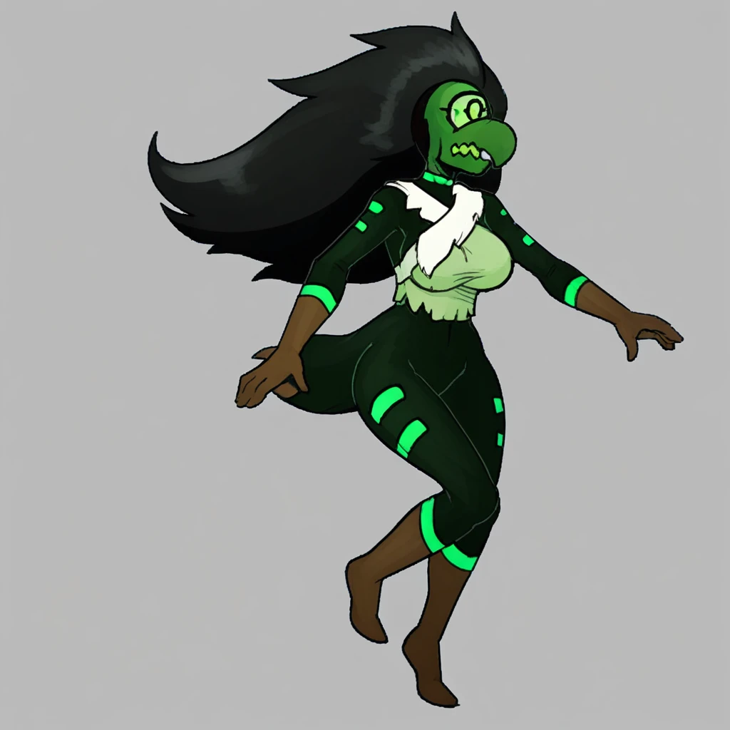 no humans, black hair, full body, green skin, brown gloves, bodysuit, breasts, large breasts, 1girl, solo, long hair