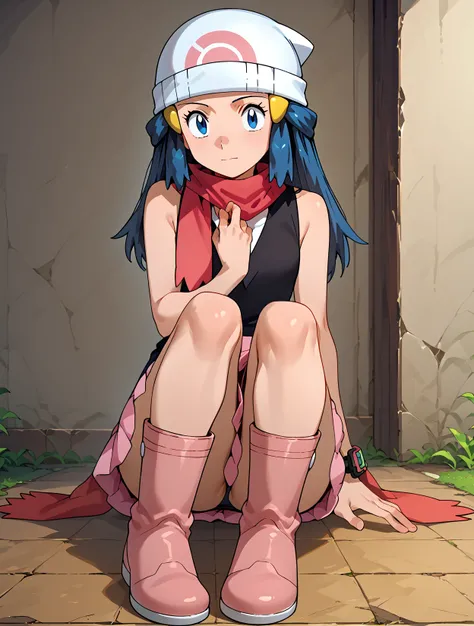 Sitting with knees bent, one hand on the floor, Full Shot, solo, 1girl,  <lora:DawnPony:1>Dawn_PD, long hair, blue hair, blue eyes, hair ornament, beanie, white headwear, red scarf, sleeveless shirt, black shirt, bracelet, pink skirt, boots, pink footwear,...