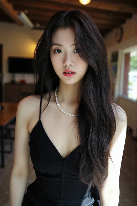 bright photo of beautiful korean girl with long  black wavy hair wearing halter dress, inside a rustic house, necklace, dslr, studio lighting, high quality,  light reflections, blood vessels, pale skin, detailed skin, <lora:flux_realism_lora:1>,<lora:makin...