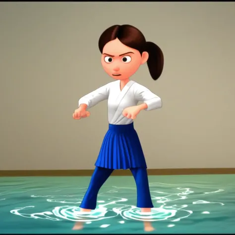 Solo, Pixar style , fists, young with ponytail, 1girl, pants , skirt, standing in shallow water, martial artists, stance