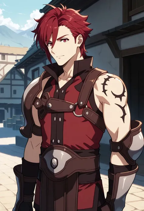 masterpiece, best quality, 
arcberg, 1boy, male focus, solo, red eyes, red hair, short hair, tunic, red tunic, popped collar, sleeveless, shoulder tattoo, armor, shoulder armor, belt, gloves, brown gloves,
outdoor,