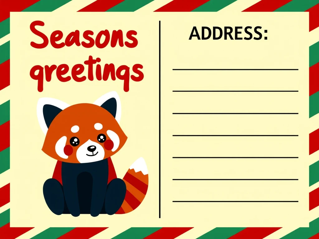 A graphic template of a christmas card. On the left side it says "Seasons greetings" and shows a picture of a Brick Red Panda. On the other side it has a text saying: "Address:" and is showing text lines. It has striped frame. The card is Christmas-themed ...