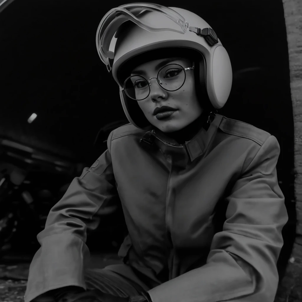 greyscale, round eyewear, mole on breast, boots, helmet, closed mouth, holding, jacket, watch, lips