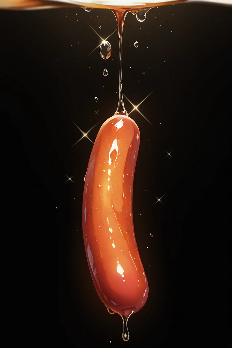 realistic shading, natural lighting, food focus, dafoodie, sparkling food focus, sparkle, floating single sausage, oily, oil drop, wet, meaty, simple plain black background, centered, dutch angle, dynamic angle, intricately detailed illustration, depth of ...