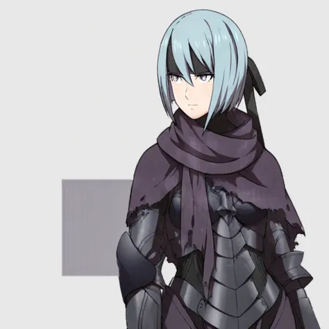 high quality, beruka, headband, light purple eyes, light blue hair, short hair, medium breast, purple scarf, black armor, gauntlets, pants, boots,