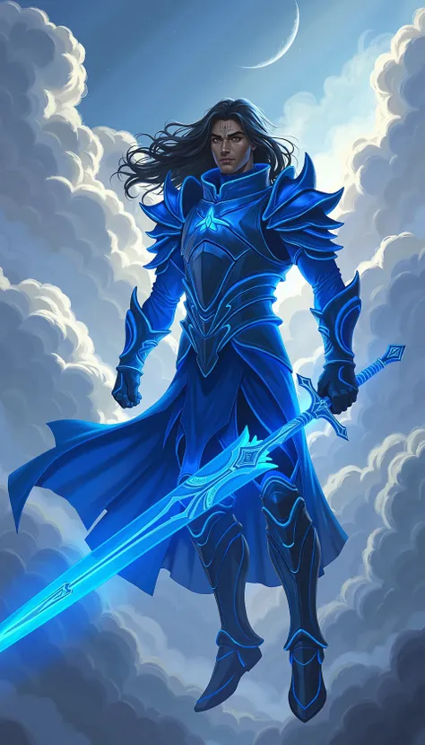 digital fantasy artwork of a man named kalad1n floating in the clouds, dressed in glowing blue fantasy armor with glowing blue accents, holding a large ethereal blue sword. he has a forehead tattoo, long black hair, dark skin. <lora:KaladinFlux-000021:0.5>