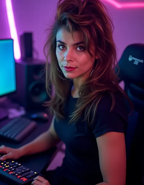 <lora:pavlaabdvl2:1.1> pavlaabdvl, amazingly detailed, masterpiece, ultra hd, full body, dynamic angle, beautiful woman, computer gamer, gaming computer, gaming chair, playing cyberpunk 2077, neon bedroom, streamer setup, cyberpunk theme, smokey eye shadow...