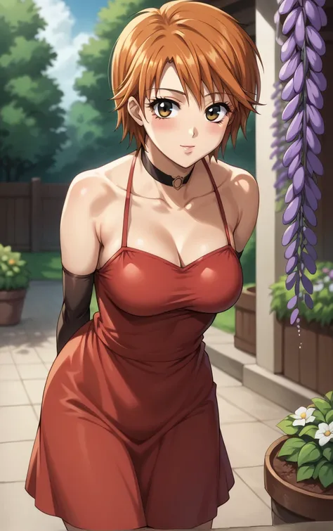 score_9, score_8_up, score_7_up, looking at viewer,  BREAK
RedDress_KyokoMogami_ownwaifu, 
1girl, brown eyes, orange hair, short hair, eyelashes, collarbone, bangs, breasts, 
bare shoulders, elbow gloves, red dress, choker, striped, 
(leaning forward, arms...