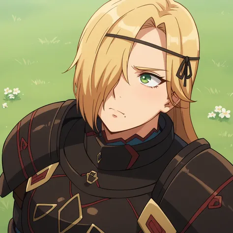 score_9, score_8_up, score_7_up, score_6_up, score_5_up, score_4_up, brown_armored_dress, Leinas_Rockbruise, looking_up, solo, closed_mouth, mole_under_mouth, frown, one_eye_covered, knight, circlet, shoulder_armor, portrait, upper_body, outdoors, grass, f...