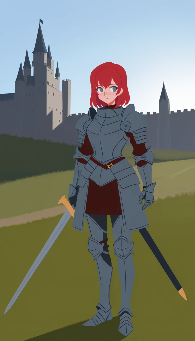 1girl, solo, red hair, grey eyes, full metal armor, female knight, standing, holding sword, holding, full body, outdoors, sky, sunny, sunlight, day, castle, <lora:BrushlineStyle_IllustXL:1.1>, flat color,