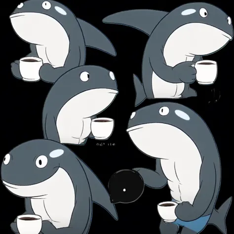 black eyes, simple background, solo, black background, animal focus, male focus, smile, cup