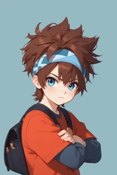 score_9, score_8_up, score_7_up, score_6_up, score_5_up,score_4_up, 
masterpiece, best quality, amazing quality, very aesthetic, absurdres, newest,
si riu, brown hair, blue eyes, headband, SHORT OVER LONG SLEEVES, orange shirt, 1boy, male focus, solo, cros...