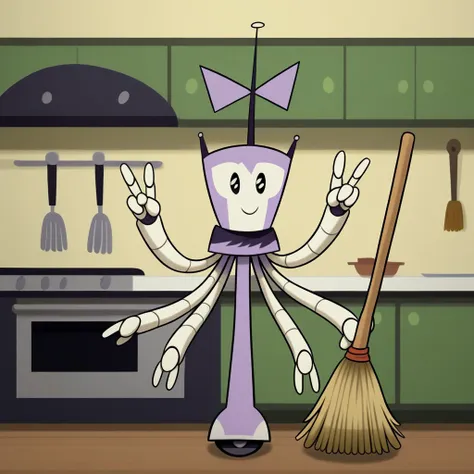 XJ-4_(MLAATR), 1girl, solo focus, female focus, robot, (four arms), purple bow, black and purple skirt, smile, black eyes, indoors, two fingers, full body, standing, double v, kitchen, antenna, looking at viewer, broom, holding broom,