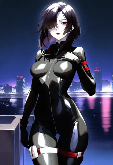 1girl, black hair, pale skin, purple eyes, hair over one eye, medium hair, medium breasts, red lipstick,
looking at viewer, standing, cowboy shot, hand on chest,
night city background, black bodysuit, black gloves, skin tight, thigh strap, full clothed,
<l...