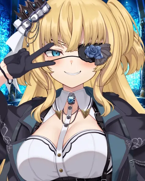 1girl,best quality,masterpiece,islachama,(source_anime),(chuu2_outfit:1.1),(large breasts),portrait,long hair,v over eye,blue roses,two side up,eyepatch,black half-gloves, mini crown,(white shirt:0.5),gemstone,(frills:0.5),coat,harness,(cleavage:0.2),(smug...