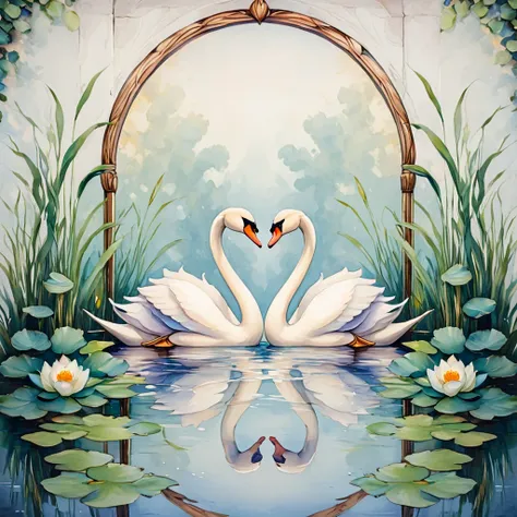 <lora:ArtNouveau2SDXL:1> ArsMJStyle, art nouveau,, The image shows a painting of a pair of swans in a pond surrounded by blooming water lilies and arched reeds forming a natural frame. The water reflects the soft hues of dawn, creating a harmonious and tra...