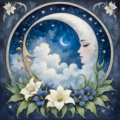 <lora:ArtNouveau2SDXL:1> ArsMJStyle, art nouveau,, The image shows a crescent moon surrounded by a halo of stars and clouds, framed by a border of blooming lilies and swirling mist. The background features soft shades of midnight blue and silver, evoking a...