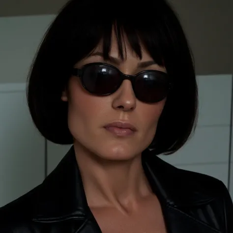 UHD, 4k, ultra detailed, cinematic, a photograph of  <lora:Hyperrealism v1:0.8>
carrie anne moss a woman wearing oval shaped sunglasses and a leather jacket, perfect skin, detailed skin pore, realism style, perfect image, perfect body, perfect anatomy, sha...