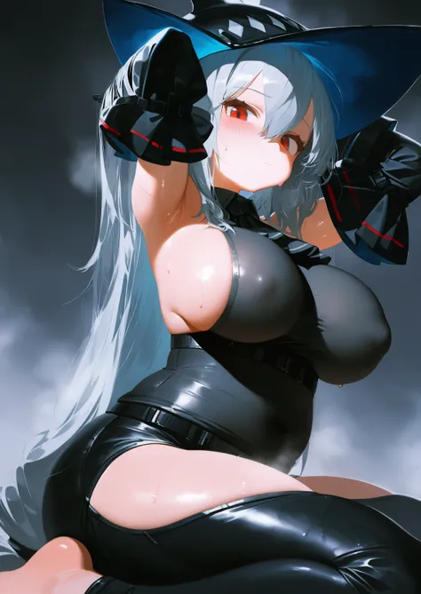 1girl,
thin,(slender:2),(adult:1.5),skadi (arknights),armpits,long hair,solo,red eyes,sitting,looking at viewer,grey hair,very long hair,pants,hat,barefoot,black pants,large breasts,black headwear,hair between eyes,arms up,gloves,detached sleeves,sweat,ste...