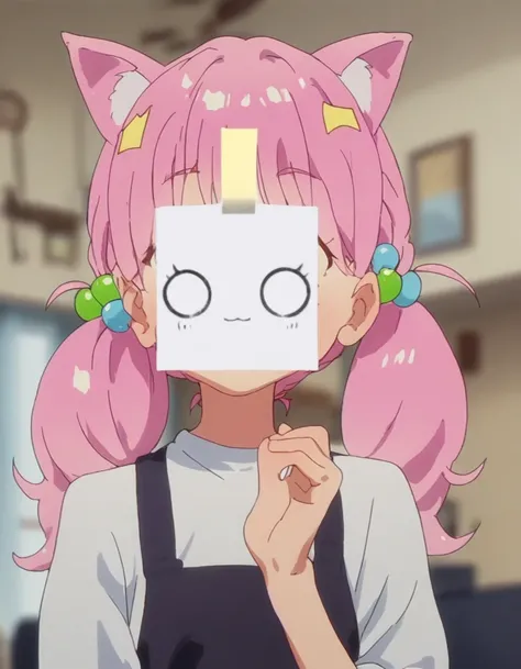 squareface, source_anime, score_9, score_8_up, score_7_up, score_6_up, score_5_up, score_4_up,  1girl, solo, looking at viewer, bangs, hair ornament, animal ears, twintails, closed mouth, pink hair, indoors, blurry, :3, depth of field, blurry background, h...