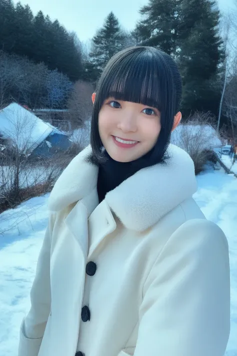 <lora:PONY-Nirei Nozomi:1>,Nirei Nozomi,1girl,solo,black hair,smile,looking at viewer,outdoors,tree,black eyes,bangs,short hair,upper body,coat,day,blunt bangs,realistic,photo background,winter clothes,