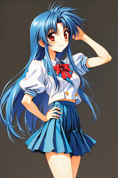 Kaname Chidori,1girl,solo,smile,ChidoriKaname,blue hair,long hair,red eyes,school uniform,red ribbon tie,puffy sleeves,short sleeves,blue pleated skirt,standing,traditional media,simple background,white background,
<lora:Shiki Doji_XL_V1.1:0.8>,