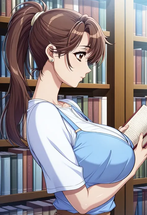 masterpiece, best quality, newest, highres, uncensored, 1girl, yokota mamoru style,1girl,
Ichijou Fuuko,Brown Hair, Long Hair, Parted to Side, Ponytail, Spiky Bangs,Brown Eyes, Tareme Eyes,Big Breast, Slim
1girl, solo, book, long hair, jewelry, reading, ea...