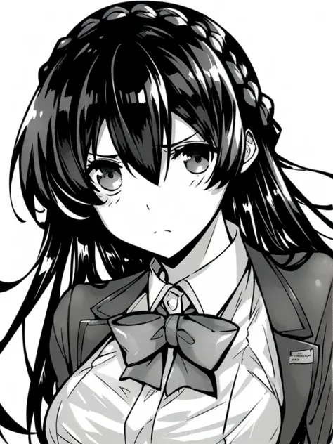 score_9, score_8_up, score_7_up, 
1girl, monochrome, shiramine hibiki, long hair, crown braid, large breasts, black hair,

white background, face, frown, looking at viewer, white shirt, blazer, bowtie, school uniform, 
