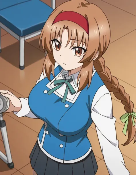 score_9, score_8_up, score_7_up, source_anime, <lora:dfrag-takao-s1-ponyxl-lora-nochekaiser:1>, takao, long hair, large breasts, brown hair, brown eyes, braid, hairband, braided ponytail, anime screencap, skirt, shirt, long sleeves, white shirt, pleated sk...