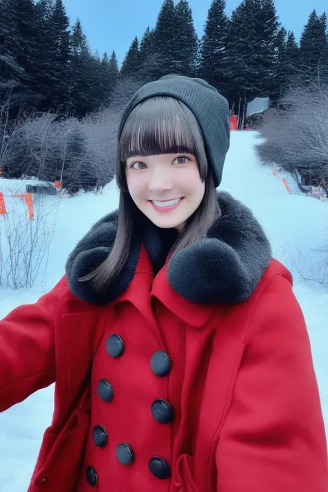 <lora:PONY-Nirei Nozomi:1>,1girl,solo,outdoors,tree,hat,photo background,coat,day,snow,mittens,looking at viewer,bangs,winter clothes,beanie,gloves,skirt,blunt bangs,fur trim,winter,standing,smile,black hair,brown hair,sky,red coat,long hair,