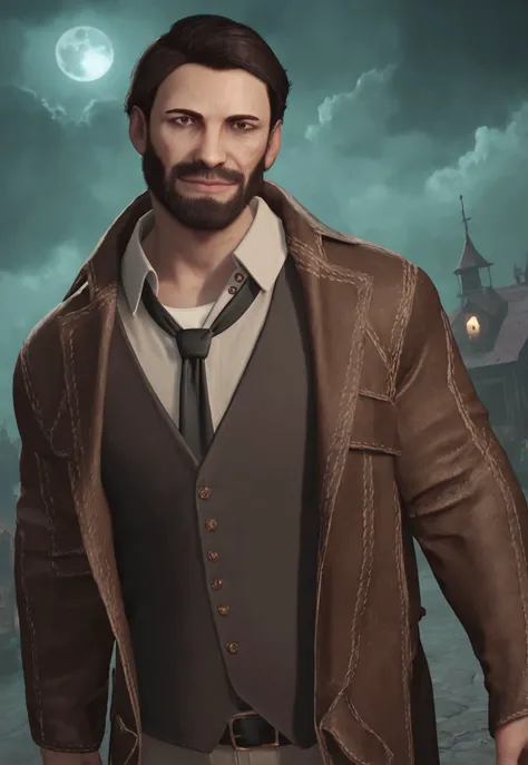 score_9, score_8_up, EdwardPierce, short hair, black hair, brown eyes, facial hair, beard, brown coat, white shirt, black necktie, vest, looking at viewer, smile, dynamic pose, detailed background, dutch angle, old town, night, moon, green mist, dark cloud...