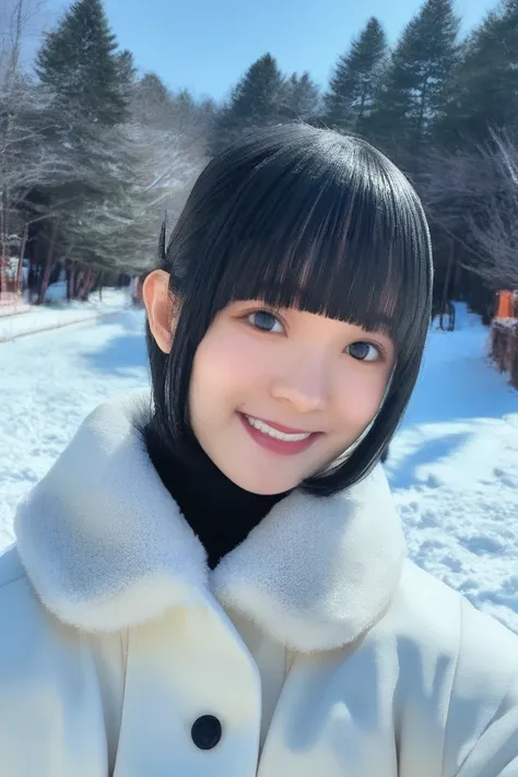 <lora:PONY-Nirei Nozomi:1>,Nirei Nozomi,1girl,solo,black hair,smile,looking at viewer,outdoors,tree,black eyes,bangs,short hair,upper body,coat,day,blunt bangs,realistic,photo background,winter clothes,