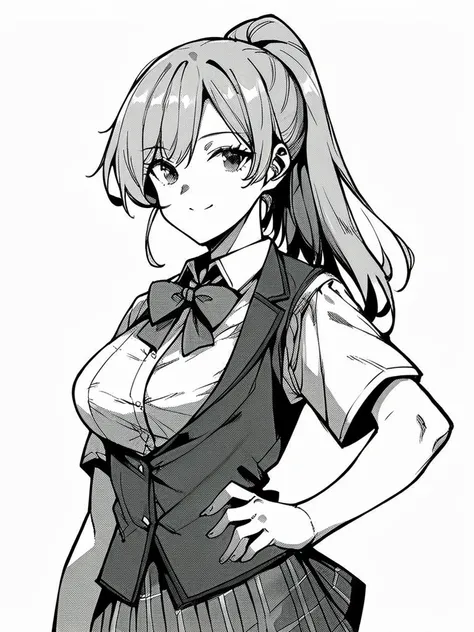 score_9, score_8_up, score_7_up, 
1girl, monochrome, grey hair, ponytail, medium breasts, smile, closed mouth, looking at viewer

standing, white background, school uniform, white shirt, short sleeves, bowtie, vest, plaid skirt, hand on hip,