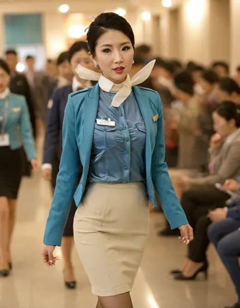<lora:Korean_Air_Stewardess_trigger(uniform)_xl:1> 3d, asian, black hair, blue jacket, formal, blur censor, blurry, blurry background, blurry foreground, bokeh, casual, depth of field, earrings, fashion, focused, high heels, jacket, jewelry, lips, looking...