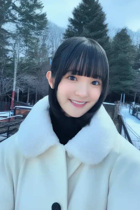 <lora:PONY-Nirei Nozomi:1>,Nirei Nozomi,1girl,solo,black hair,smile,looking at viewer,outdoors,tree,black eyes,bangs,short hair,upper body,coat,day,blunt bangs,realistic,photo background,winter clothes,