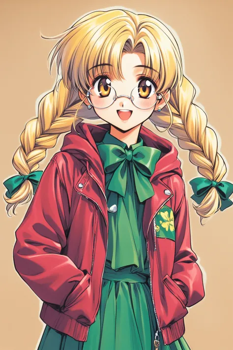 Kyoko Tokiwa,1girl,solo,round eyewear,glasses,blonde hair,braid,twin braids,long hair,twintails,jacket,open mouth,earrings,yellow eyes,smile,long sleeves,jewelry,traditional media,green bow,
<lora:Shiki Doji_XL_V1.1:0.8>,