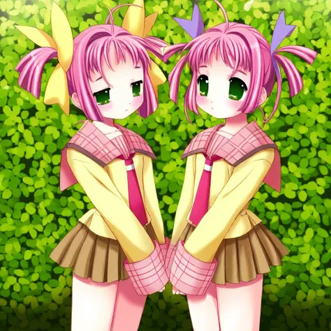 momono_komomo, momono_sumomo, 2girls, school uniform, siblings, sisters, twintails, green eyes, twins, skirt,