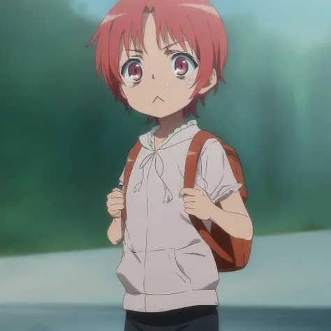 masterpiece, 1440p, 8k, UHD, amazing quality, high resolution, iizumi-rita, toaru, 1girl, solo, red hair, short hair, parody, backpack, bag, anime coloring, :<, red eyes, pink eyes, outdoors