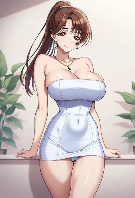 masterpiece, best quality, newest, highres, uncensored, 1girl, yokota mamoru style,1girl,
Ichijou Fuuko,Brown Hair, Long Hair, Parted to Side, Ponytail, Spiky Bangs,Brown Eyes, Tareme Eyes,Big Breast, Slim
a beautiful attractive sexy woman in white bodycon...