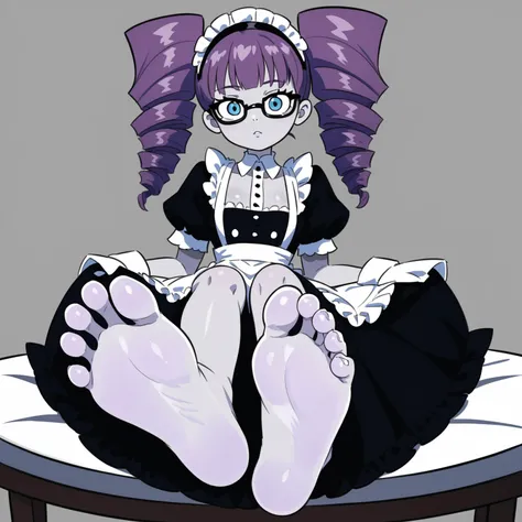 Nelnalium, 1girl, solo, drill hair, glasses, blue eyes, dress, apron, twin drills, looking at viewer, Juliet sleeves, puffy sleeves, hairband, black-framed eyewear, maid, twintails, frills, black dress, purple hair, grey skin, sitting, barefoot, soles, foo...