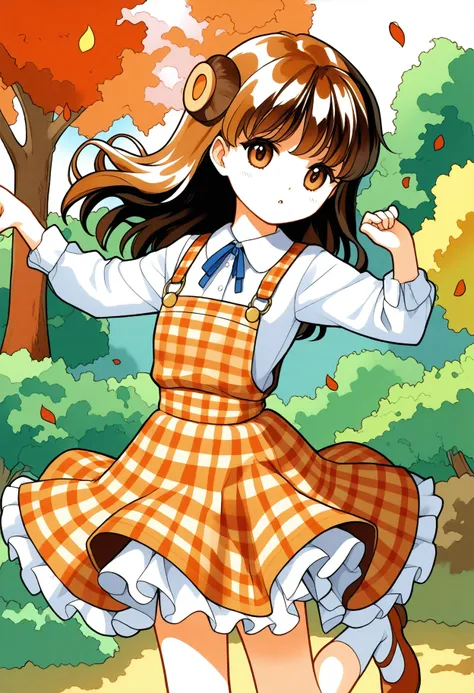 1girl, petite, dancing, white shirts, brown checkered overall skirt, traditional media, outdoor,    <lora:cute_markers_dim16:1>