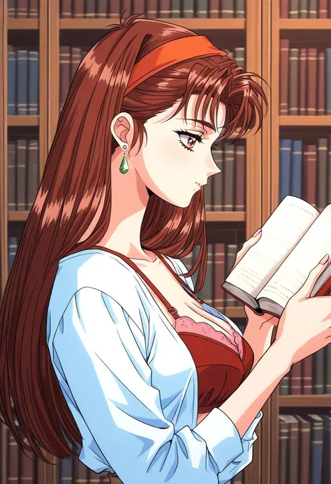 masterpiece, best quality, newest, highres, uncensored, 1girl, yokota mamoru style,1girl,
Matsudaira Youko,girl,brown hair,long hair,1990s (style),hairband，amber eyes
1girl, solo, book, long hair, jewelry, reading, earrings, profile, library, bookshelf, br...