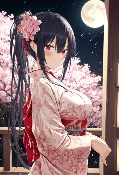 masterpiece,best quality,absurdres, amazing quality,1girl, solo,japanese clothes, kimono, hair ornament, long hair, looking at viewer, ponytail, hair flower, black hair, flower, red eyes, floral print, sash, medium breasts, obi,blush, from side, sidelocks,...