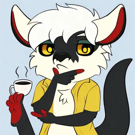 mikus-concept, thinking pose, hand on chin, foot holding cup, upper body, furry, anthropomorphic, anthro, black fur, dragon, white hair, white horns, yellow eyes